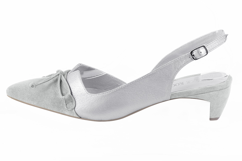 Pearl grey and light silver women's open back shoes, with a knot. Tapered toe. Low comma heels. Profile view - Florence KOOIJMAN
